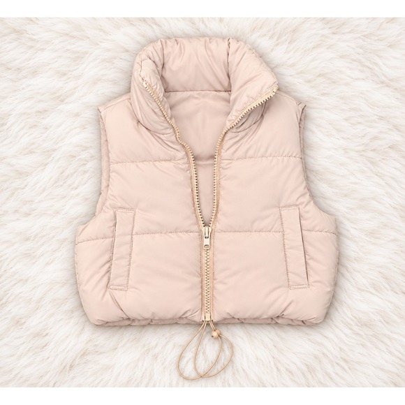 Unbranded Jackets & Blazers - Womens Cropped Puffer Vest Beige Quilted Sleeveless Zip Up Jacket Large